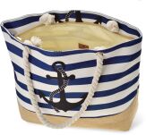 Námořnická pruhovaná plážová taška velká prostorná kabelka s plátěnou vložkou městský shopper na šňůrkách kotva - bílá s modrou a béžovou barvou - 3