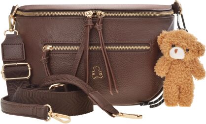 Dámská crossbody kabelka ledvinka se dvěma popruhy a kapsami na zip s přívěskem – Hnědá
