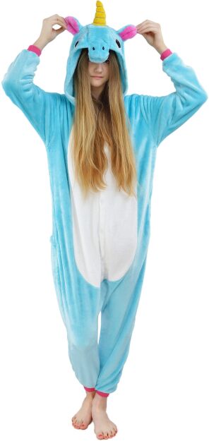 Pyžamo kigurumi overal onesie kostým s kapucí – světle modrý jednorožec