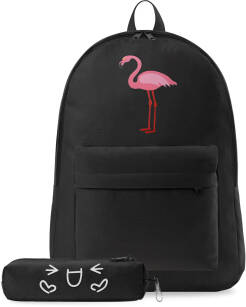Komplet 2v1 školní batoh + penál dětský komplet s potiskem - plameňák - czarny
