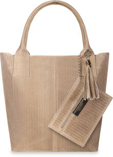 Italská kožená dámska kabelka velká protkaná taška shopper semiš přivěška boho - béžová