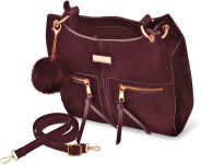 Klasická kufříková kabelka shopper s bambulkou, velur imitace semiše – vínová - 2