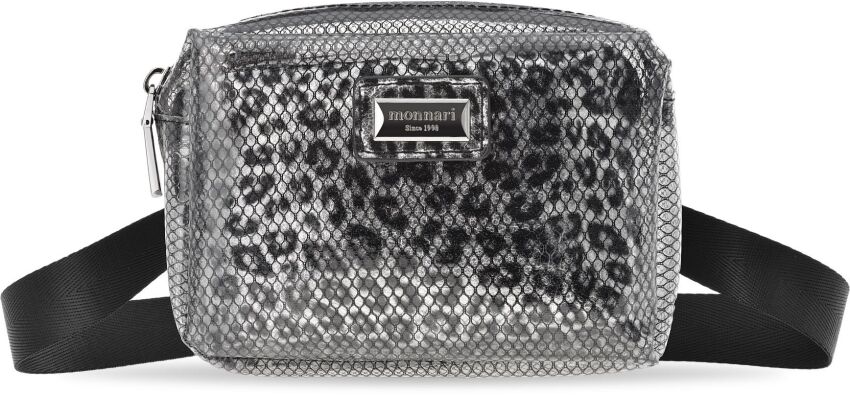 Dámská průhledná šedo bílá bederní ledvinka taštička kabelka na opasek monnari s organizérem panter - stříbrná-černá