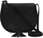 Italská kožená semišová crossbody kabelka boho s třásněmi – černá - 5