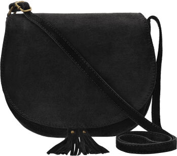 Italská kožená semišová crossbody kabelka boho s třásněmi – černá