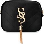 Prošívaná crossbody kabelka s širokým barevným popruhem – černá - 5