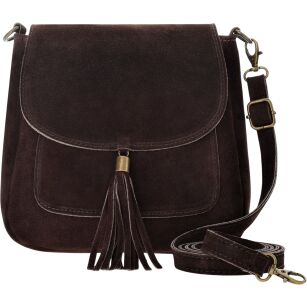 Dámská semišová kabelka přes rameno italská kožená crossbody s třásněmi - čokoládová