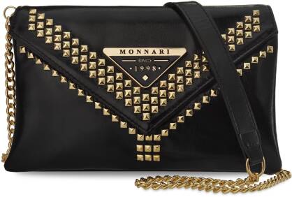 MONNARI malá dámská kabelka s cvočky elegantní postbag clutch bag dvoukomorová lesklá kabelka s řetízkem - černá