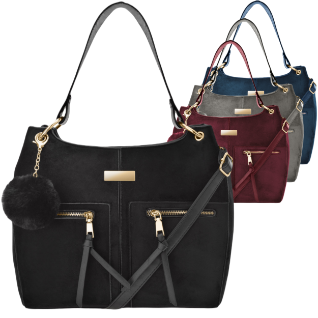 Klasická dámská kabelka kufřík shopper bag s bambulí velur semiš