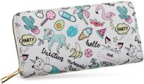 Barevná velká dámská peněženka s potiskem prostorná kabelka na zip s potiskem sváteční pastelový vzor líné kočky - bílá - 2