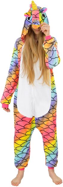Kigurumi pyžamo overal kostým s kapucí – duhový jednorožec