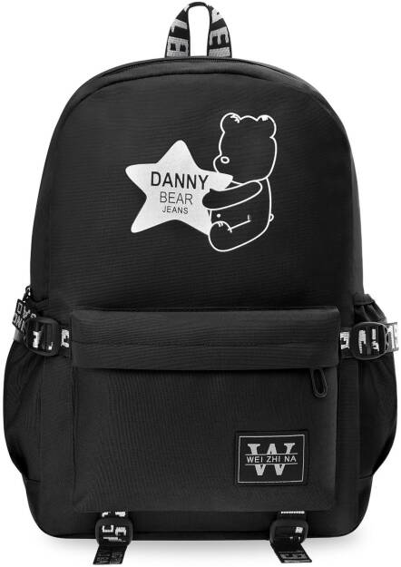 Prostorný lehký školní batoh výletní s kapsičkami medvídek - černá