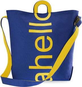 Dámská volná objemná lněná kabelka taška plátěná shopper s potiskem do ruky přes rameno - žlutá-tmavě modrá