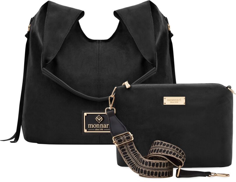 Monnari semišová dámská taška vak shopper volná matová kabelka 2v1 + crossbody - černá