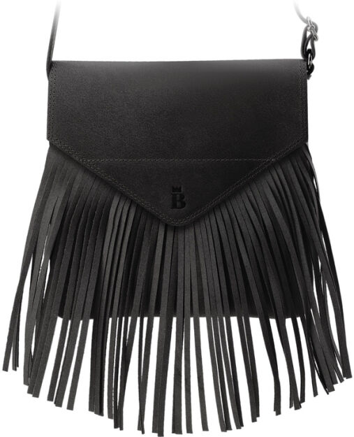 Crossbody kabelka s klopou a třásněmi boho přírodní kůže - černá