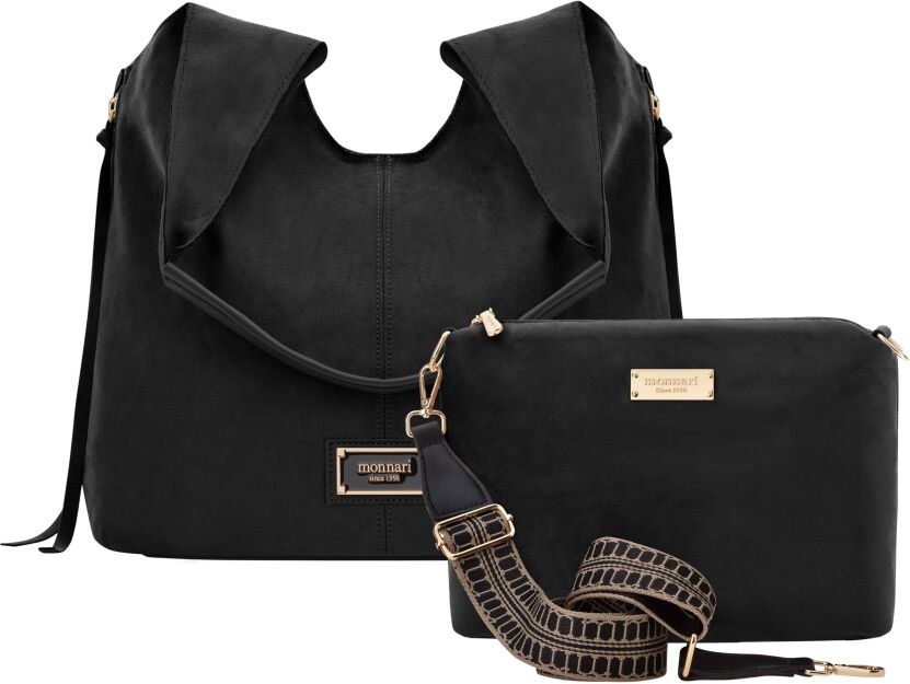 Monnari semišová dámská taška vak shopper volná matná kabelka 2v1 + crossbody - černá