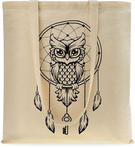 Ekotaška shopper z bavlny na nákupy městská s potiskem - sova - béžová