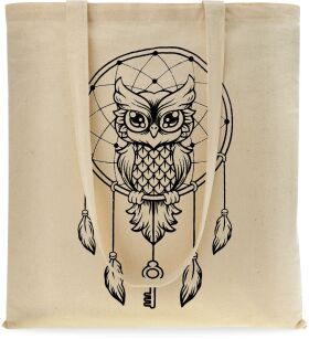 Ekotaška shopper z bavlny na nákupy městská s potiskem - sova - béžová