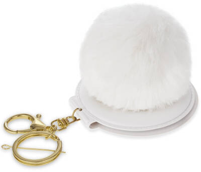 Dvojité zrcátko s kožešinovou bambulí zrcátko na přívěšku – bílé