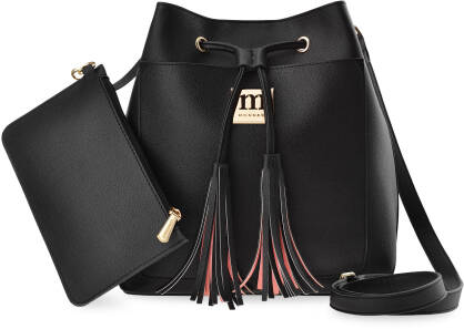 Dámská kabelka městská taška pytel shopper monnari s kovovou sponou a boho třásněmi- černá