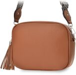 Dámská kožená kabelka messenger s dlouhým širokým páskem a třásněmi - camel - 5