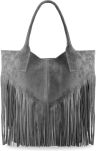 Velká dámská kabelka semiš pravá kůže třásně boho - šedá - 4