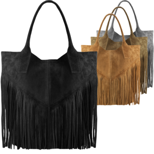 Velká dámská kabelka semiš pravá kůže třásně boho - šedá
