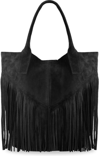 Velká dámská kabelka semiš pravá kůže třásně boho - černá