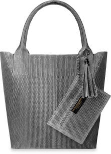 Italská kožená dámska kabelka velká protkaná taška shopper semiš přivěška boho - šedý