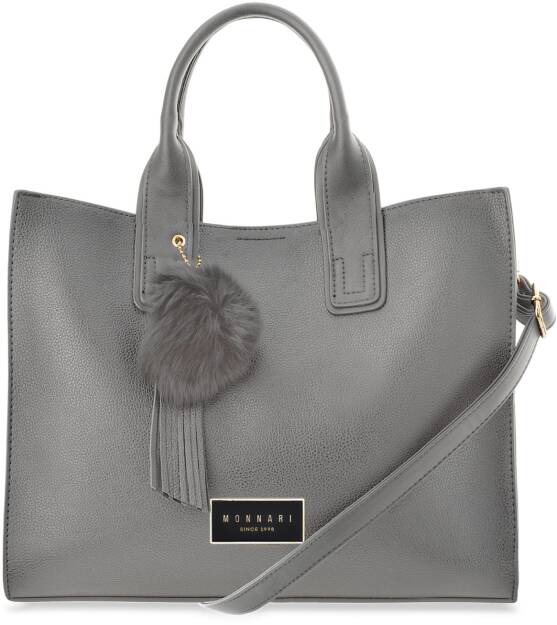 Dámská objemná kabelka taška kufřík shopper monnari s přívěškem a pomponem ve tvaru třásní - šedá
