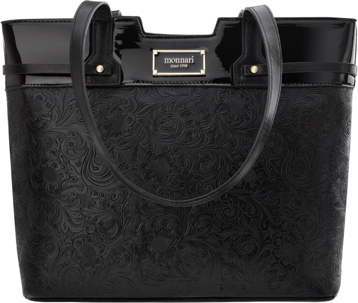 Monnari taška s ozdobou kabelka shopper velká pevná aktovka květiny - černá