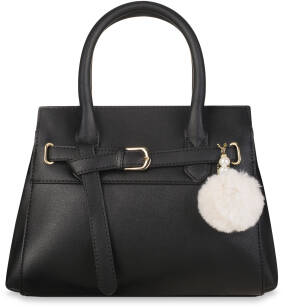 Klasická dámská dvoukomorová kabelka elegantní kufřík aktovka do ruky a přes rameno s přezkou a pomponem - černá