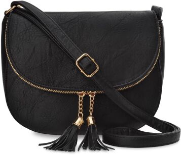 Výjimečná pošťácká kabelka s klopou a třásněmi - černá